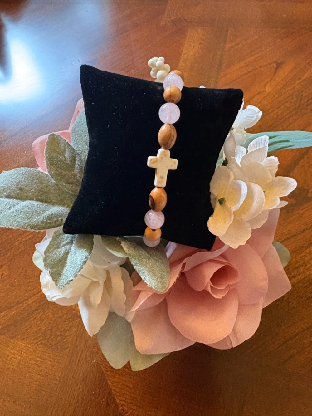 Rose Quartz and Wood Bead Cross Stretch Bracelet - Women Accessories